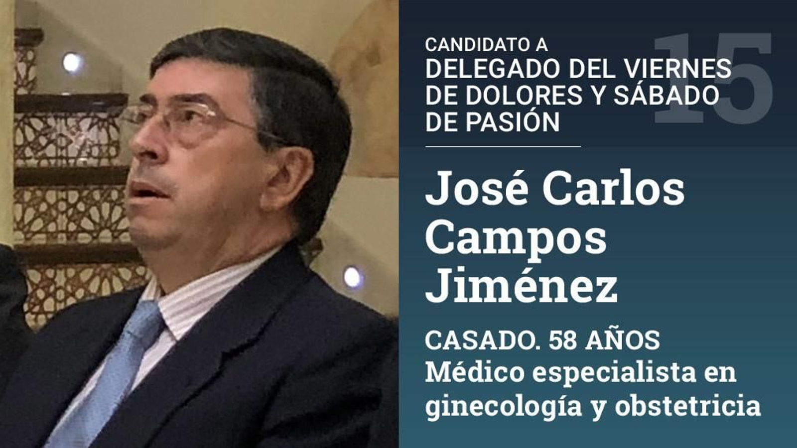 Fue hermano mayor de la Misión. Actualmente es delegado de las Hermandades del Viernes de Dolores y el Sábado de Pasión.