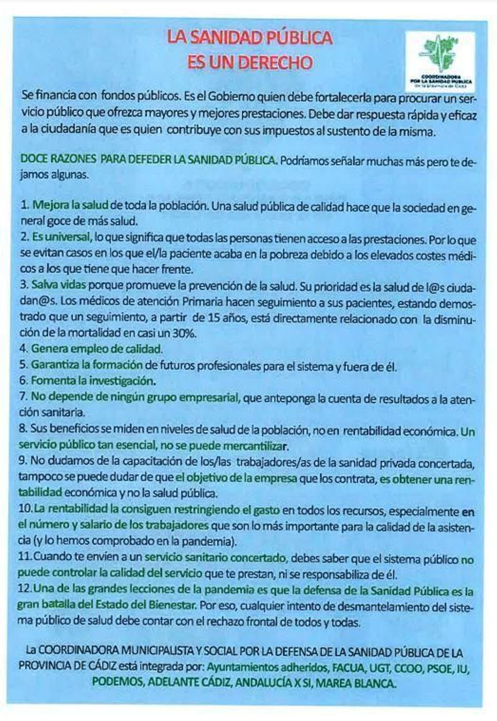 '12 causas para defender la sanidad pública'.