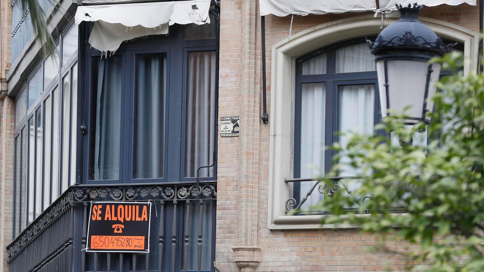 Cartel que anuncia el alquiler de una vivienda en Sevilla .