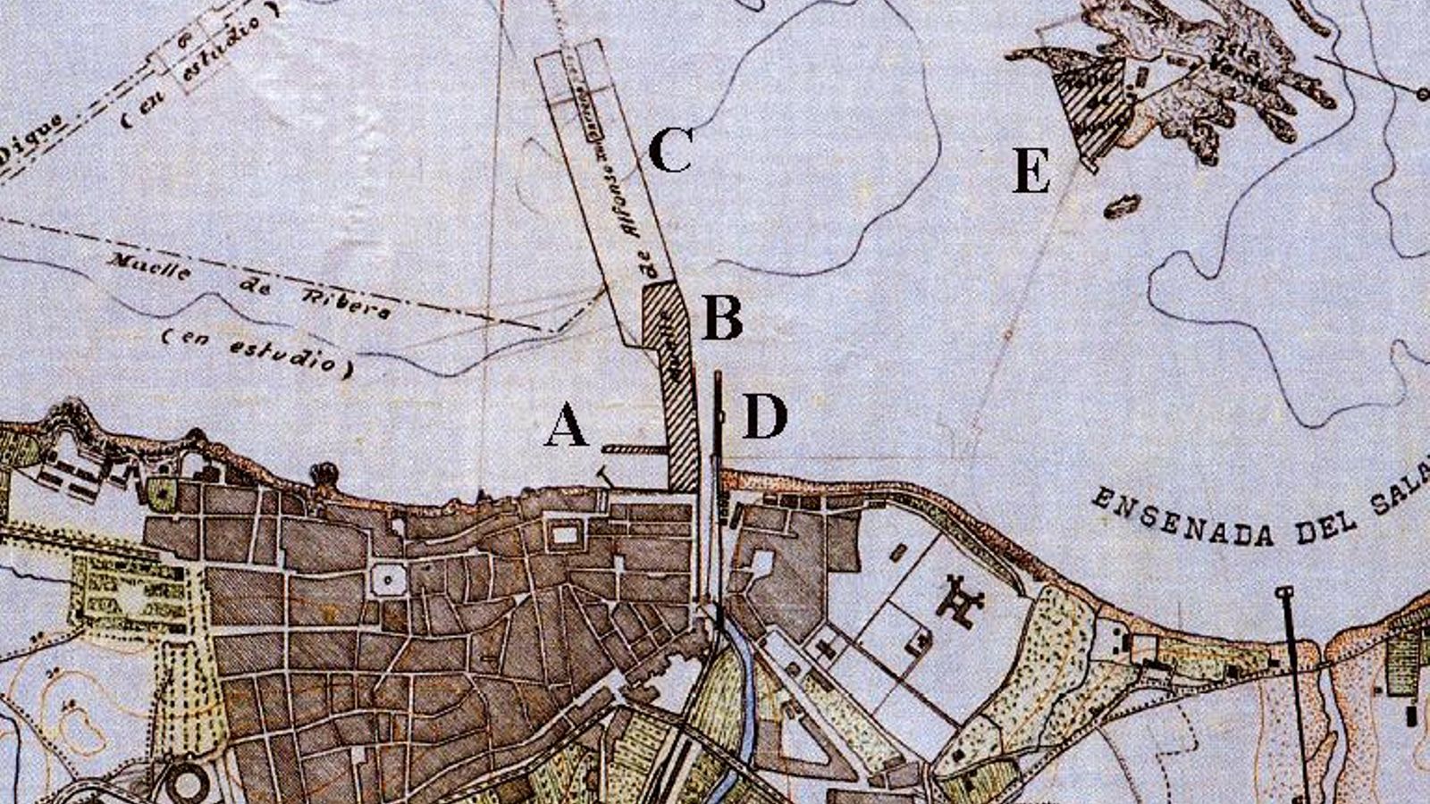 Plano con el estado de las obras, y las proyectadas, en el año 1920 (detalle). Con la letra A: el muelle de Villanueva; con la letra B: primer trozo del muelle de la Galera; con la letra C: la prolongación de dicho muelle: con la letra D; el muelle de Madera de la Compañía del Ferrocarril y, con la letra E: la Isla Verde (Archivo de la A.P.B.A.).