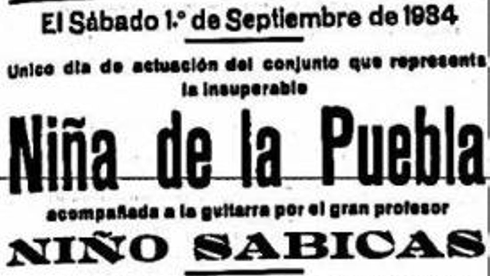 Anuncio de actuaciones de la Niña de la Puebla en Huelva, en septiembre de 1934 y enero de 1940.