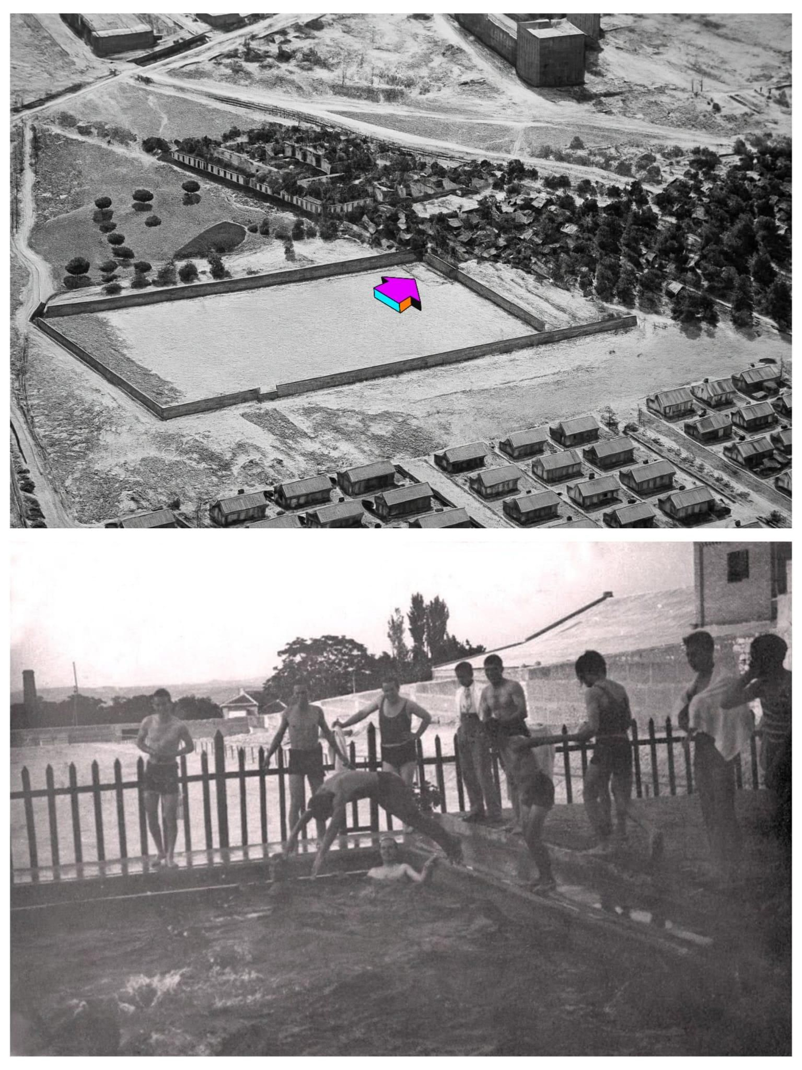 Stadium Peñamefécit, bañistas disfrutando de la piscina. Jaén, año 1952.