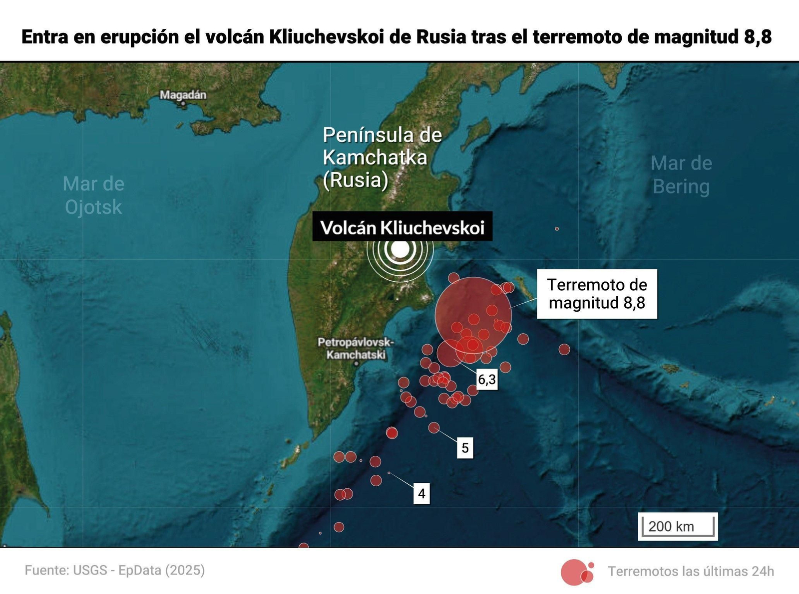 Ubicación del volcán Kliuchevskói y de los terremotos. Ubicación del volcán Kliuchevskói y de los terremotos.