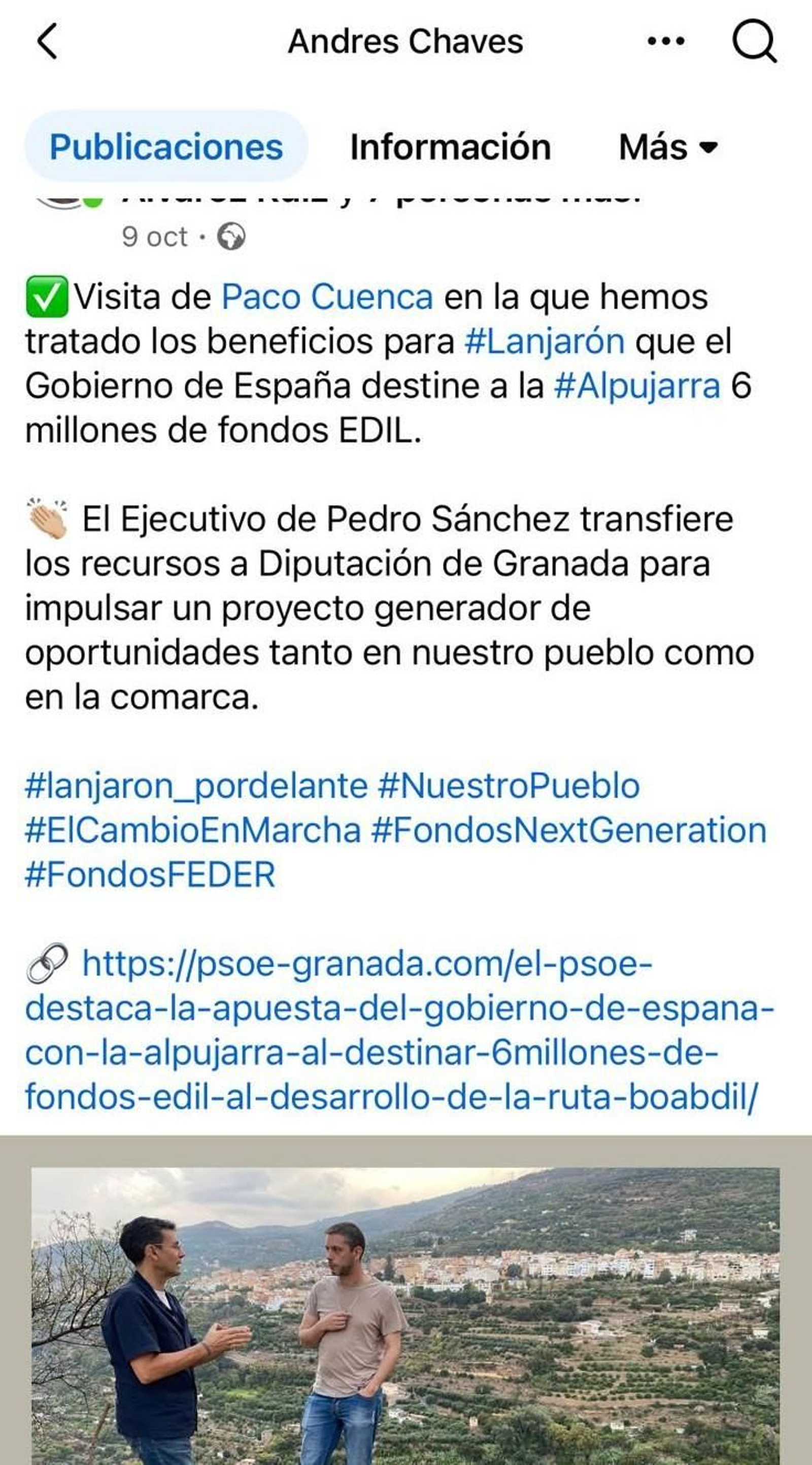 Post del portavoz del grupo socialisa de Lanjarón en sus redes sociales.