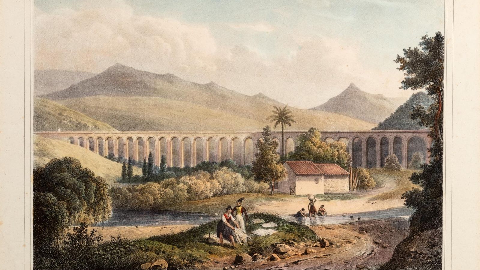 Acueducto de Algeciras Vista paisajística del acueducto en 1826 en litografía coloreada, del artista francés Louis Auguste de Sainson. Acueducto de Algeciras Vista paisajística del acueducto en 1826 en litografía coloreada, del artista francés Louis Auguste de Sainson.