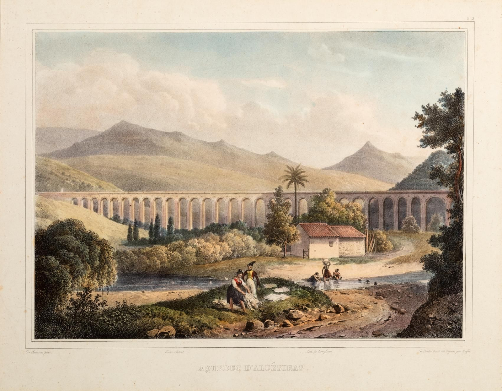 Acueducto de Algeciras  Vista paisajística del acueducto  en 1826 en litografía coloreada, del artista francés Louis Auguste de Sainson.