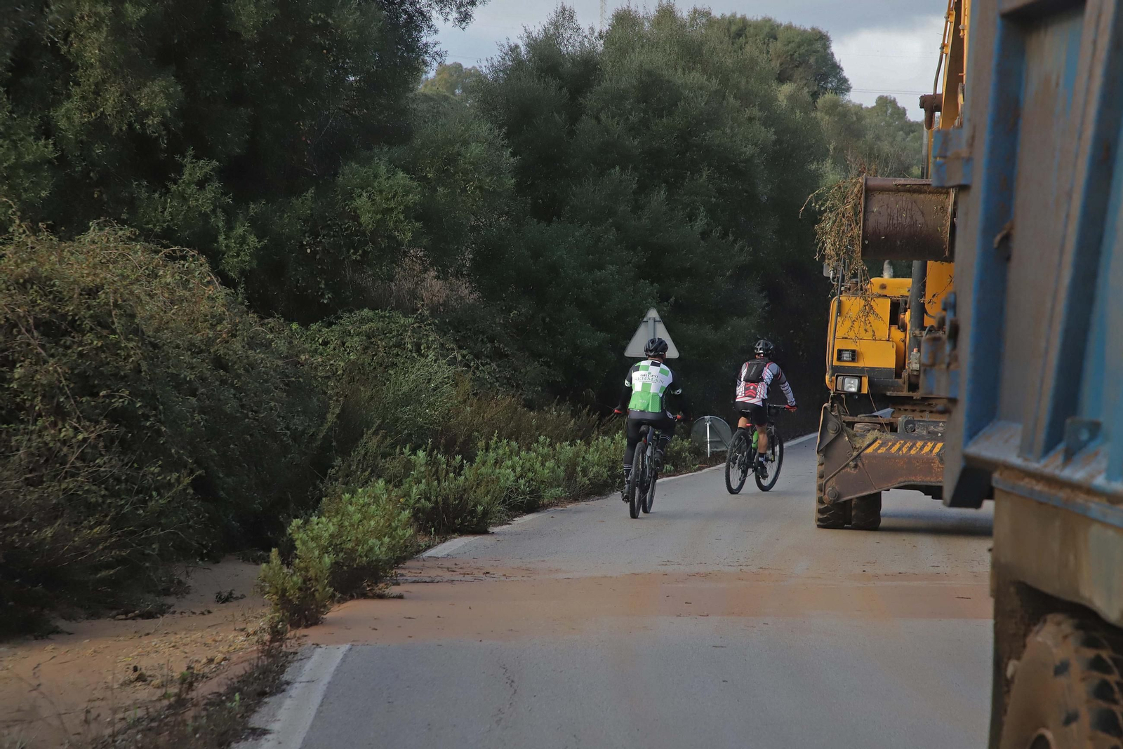 Fotos de las labores de limpieza y retirada de barro en la carretera CA-9203, que une Pinar del Rey con la Estación de San Roque