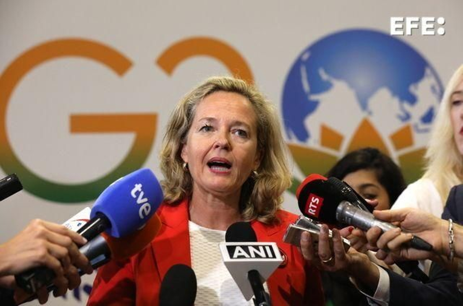 La vicepresidenta económica Nadia Calviño, este sábado en el G-20