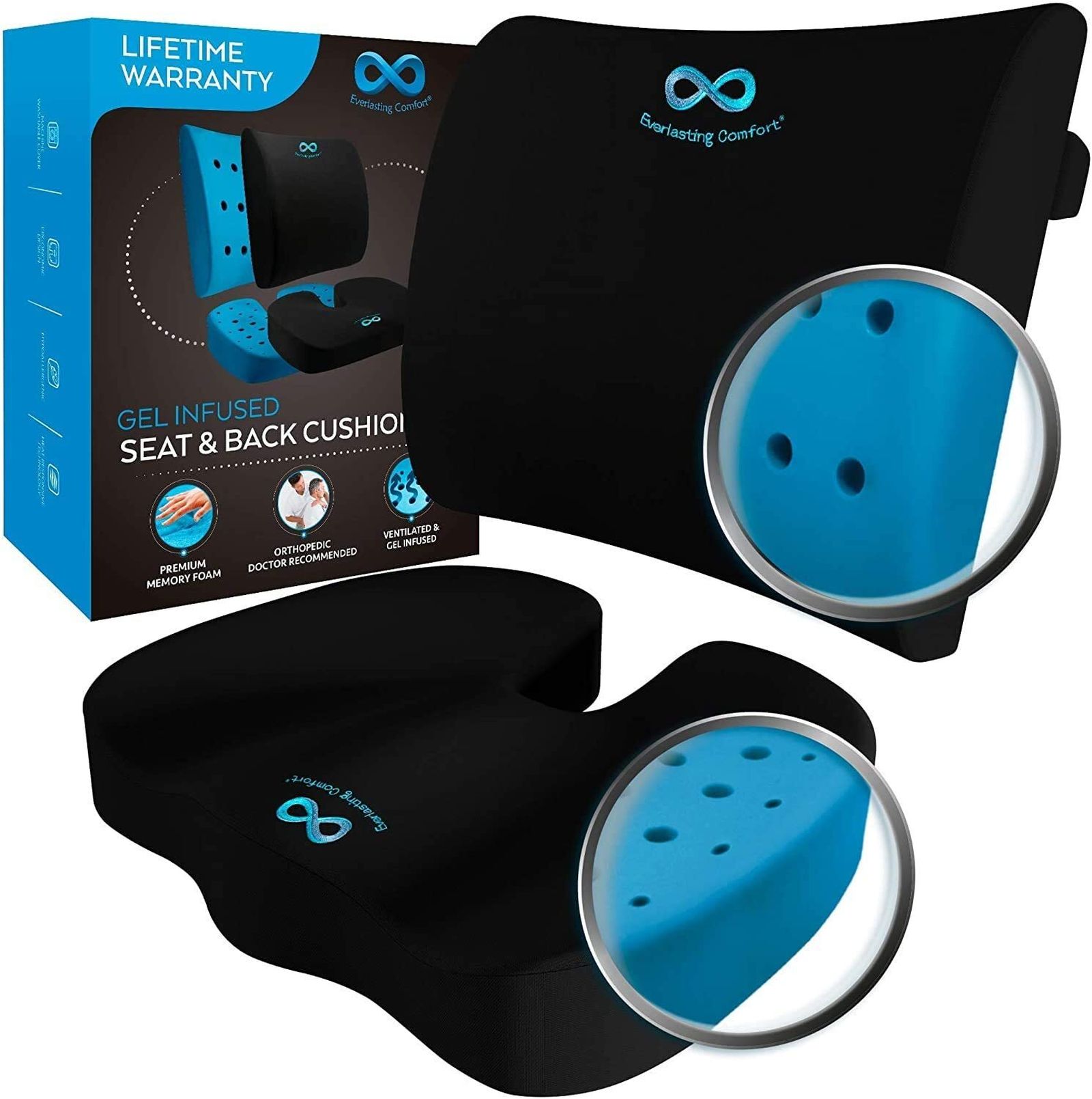 Everlasting Comfort - Cojín de espuma viscoelástica para asiento y respaldo lumbar