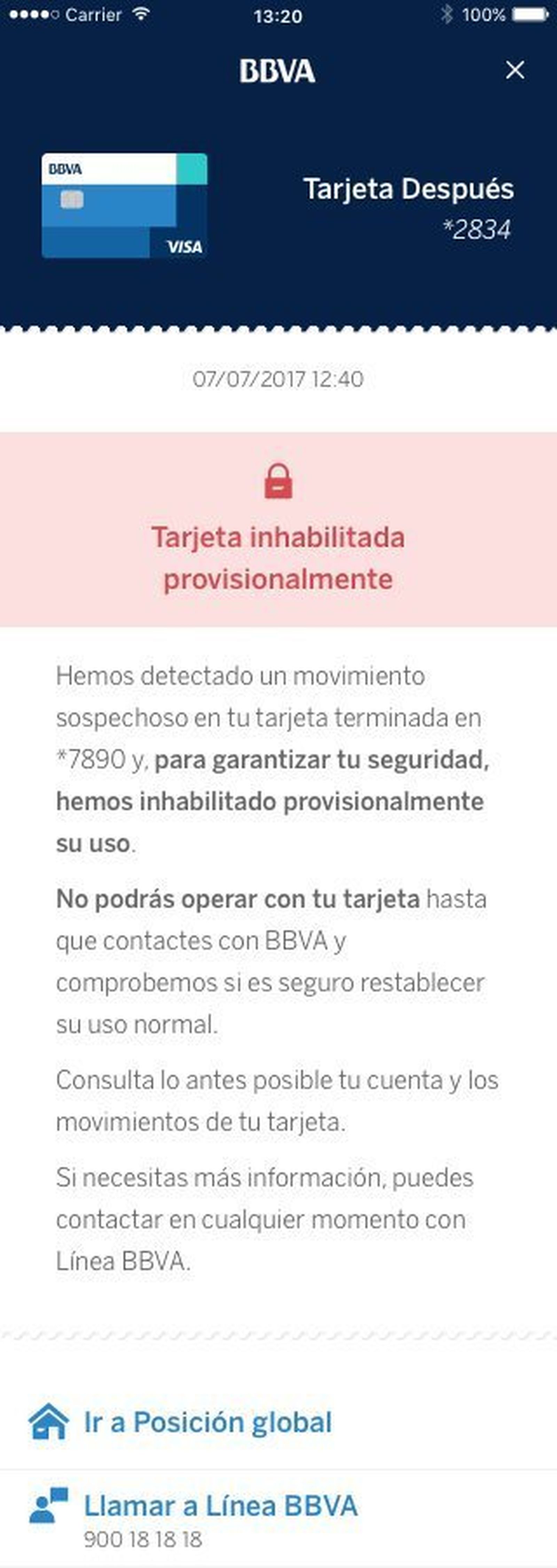 Dos capturas de pantalla de las alertas implantadas por BBVA.