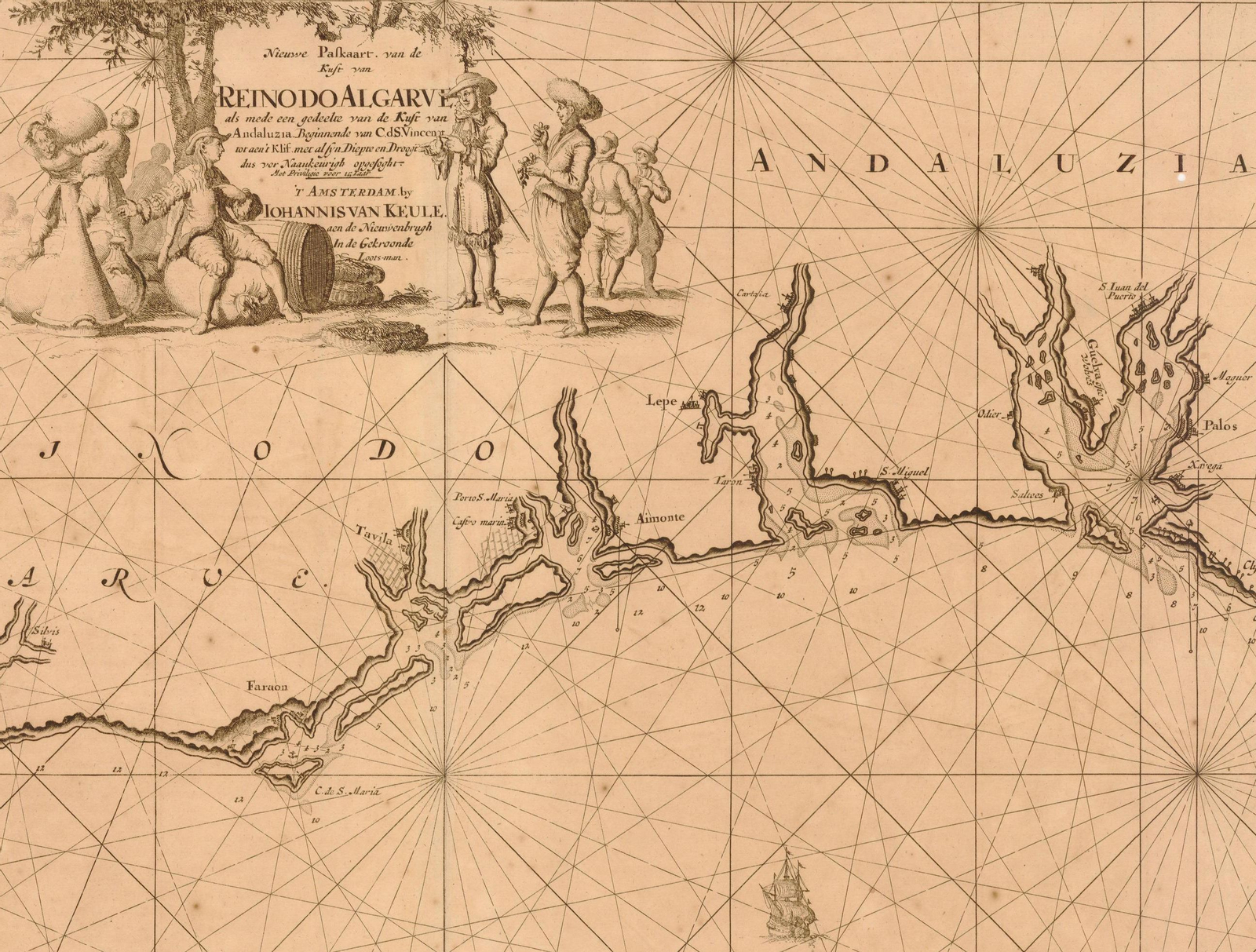 Carta náutica de la costa onubense en 1695, en la que se aprecia la desembocadura del río Piedras entre Lepe y San Miguel (El Rompido).