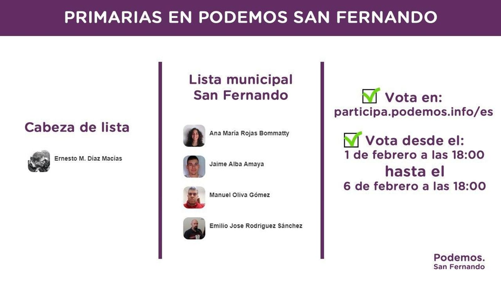 Cuadro remitido desde la ejecutiva de Podemos en el que se obvia la candidatura alternativa a la de Ernesto Díaz Cuadro remitido desde la ejecutiva de Podemos en el que se obvia la candidatura alternativa a la de Ernesto Díaz