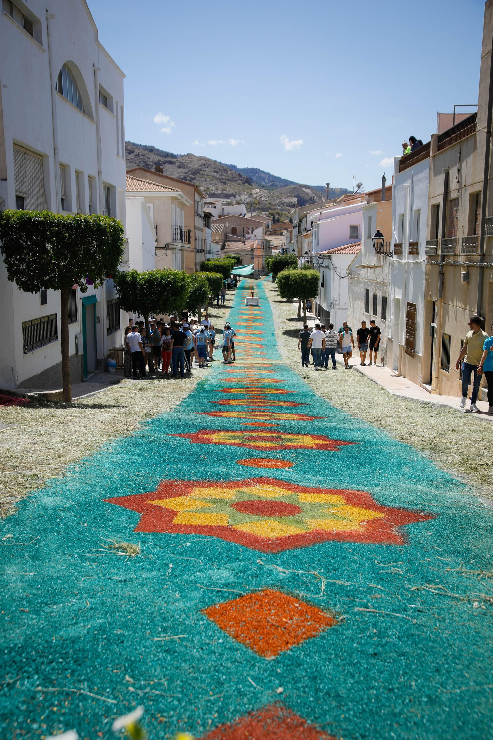 Así es la gran alfombra de serrín para que levite la Virgen de Fátima de Tíjola