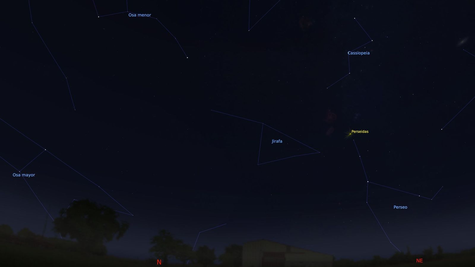 En amarillo el lugar donde hay que mirar para ver las Perseidas.