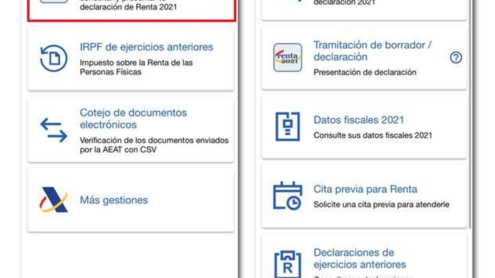 Aspecto que te muestra la app cuando entras en el apartado Gestiones de la Renta 2021