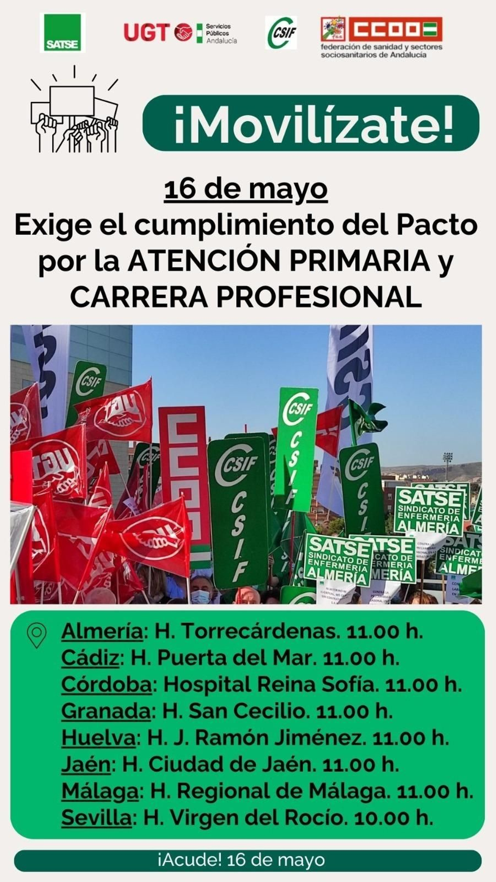Cartel de convocatoria a la concentración de UGT, CCOO, Satse y Csif. Cartel de convocatoria a la concentración de UGT, CCOO, Satse y Csif.