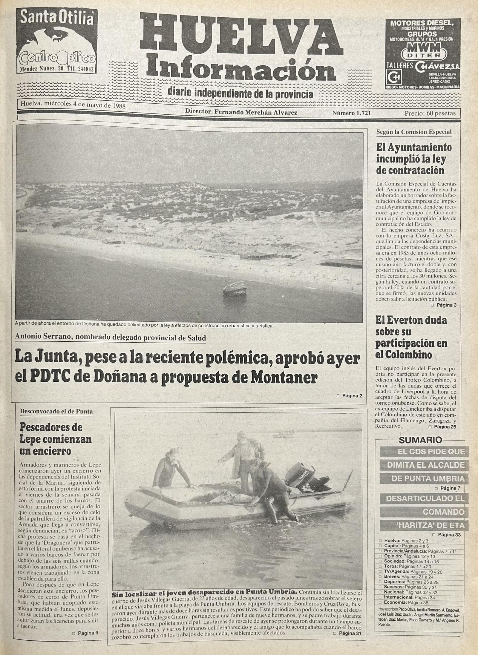 Portada de Huelva Información del 4 de mayo de 1988, hace hoy 35 años.
