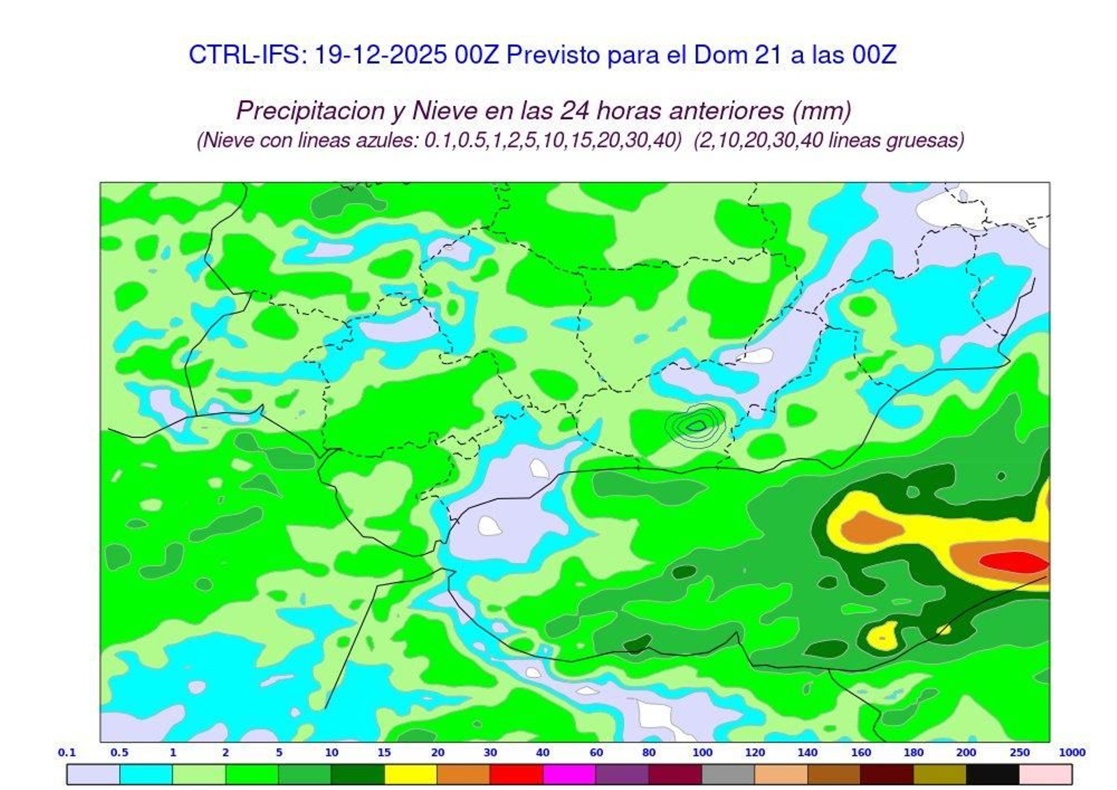 Previsión de las zonas en las que lloverá y nevará (señalado con una línea) el domingo.