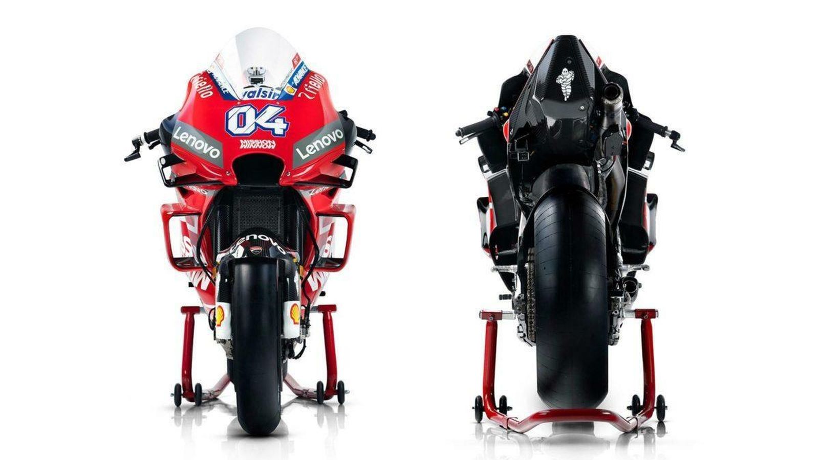 Vista frontal y trasera de la Desmosedici GP19.