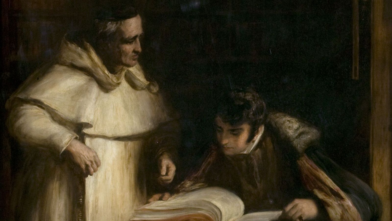 Fragmento de la obra 'Washington Irving en los Archivos de Sevilla', pintura de David Wilkie que está expuesta en el Museo y Galería de Arte de Leicester.