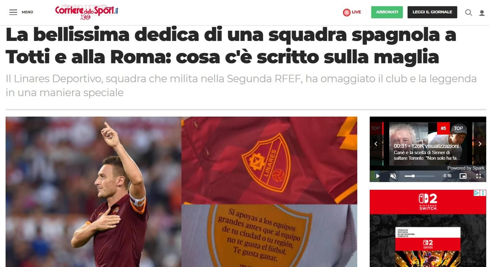 Información del Corriere de lo Sport sobre la camiseta del Linares Deportivo.