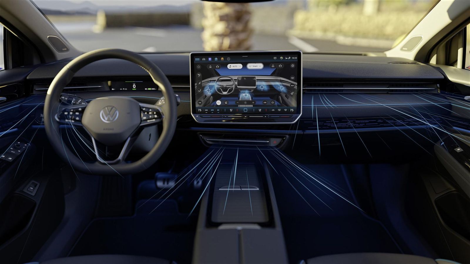 La pantalla del centro del salpicadero del ID.7 será la mayor de la familia. Volkswagen también ha modificado la instrumentación tras el volante.