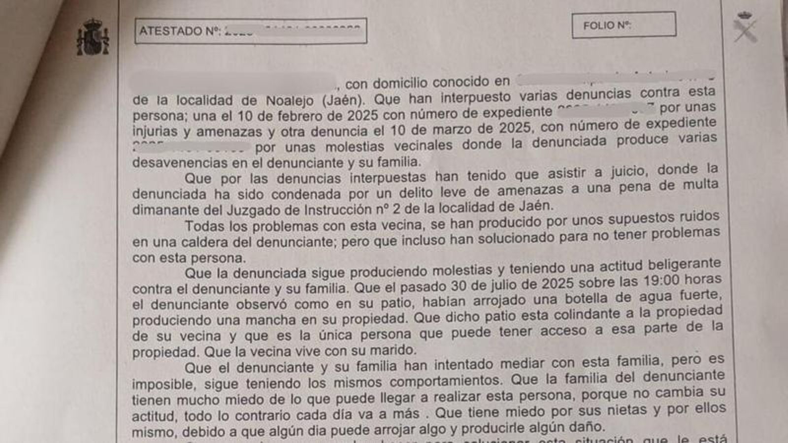 Imagen de la denuncia presentada ante la Guardia Civil.