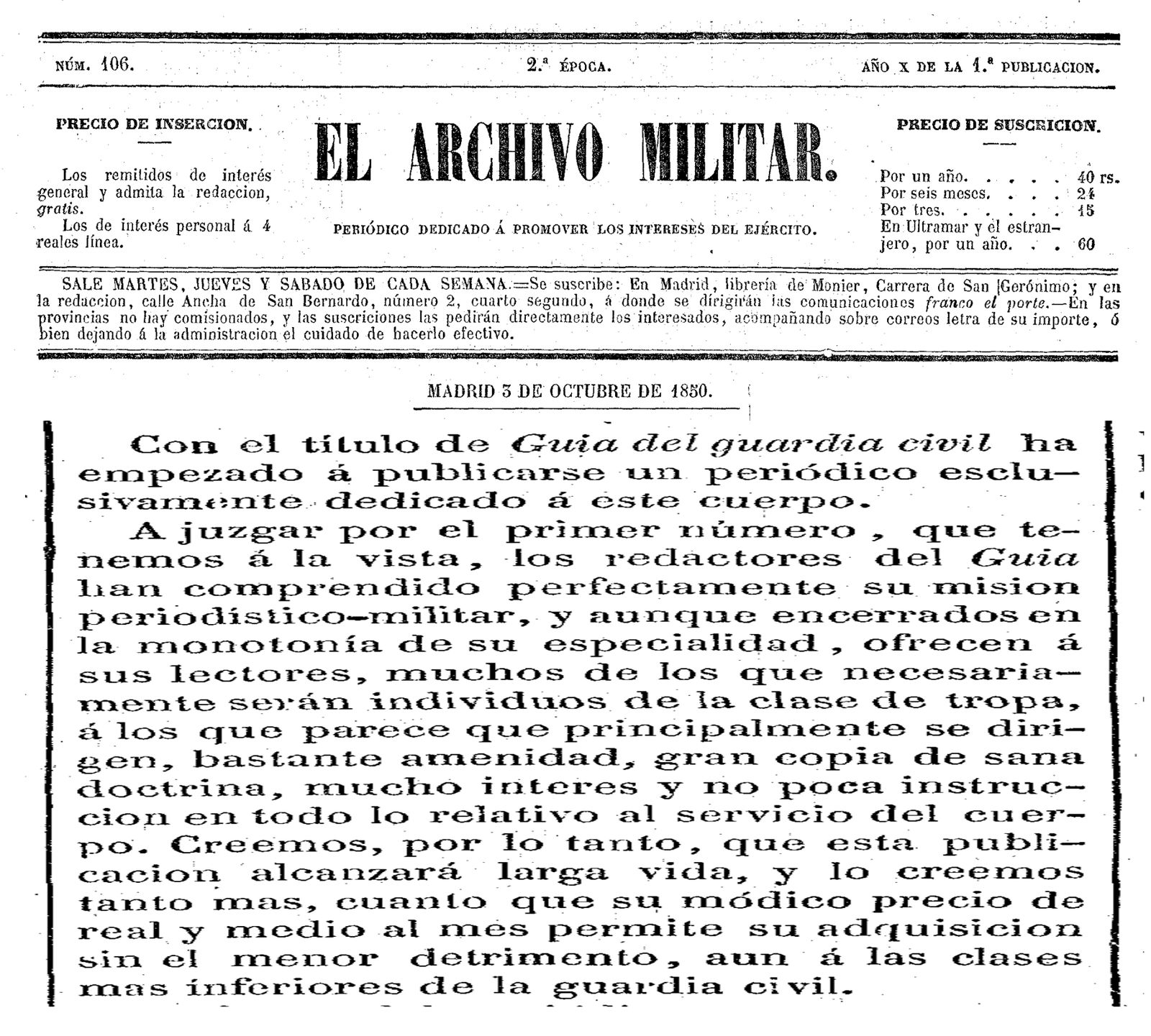 El 3 de octubre de 1850 el periódico 'El Archivo Militar' dio su bienvenida al 'Guía del Guardia Civil'.