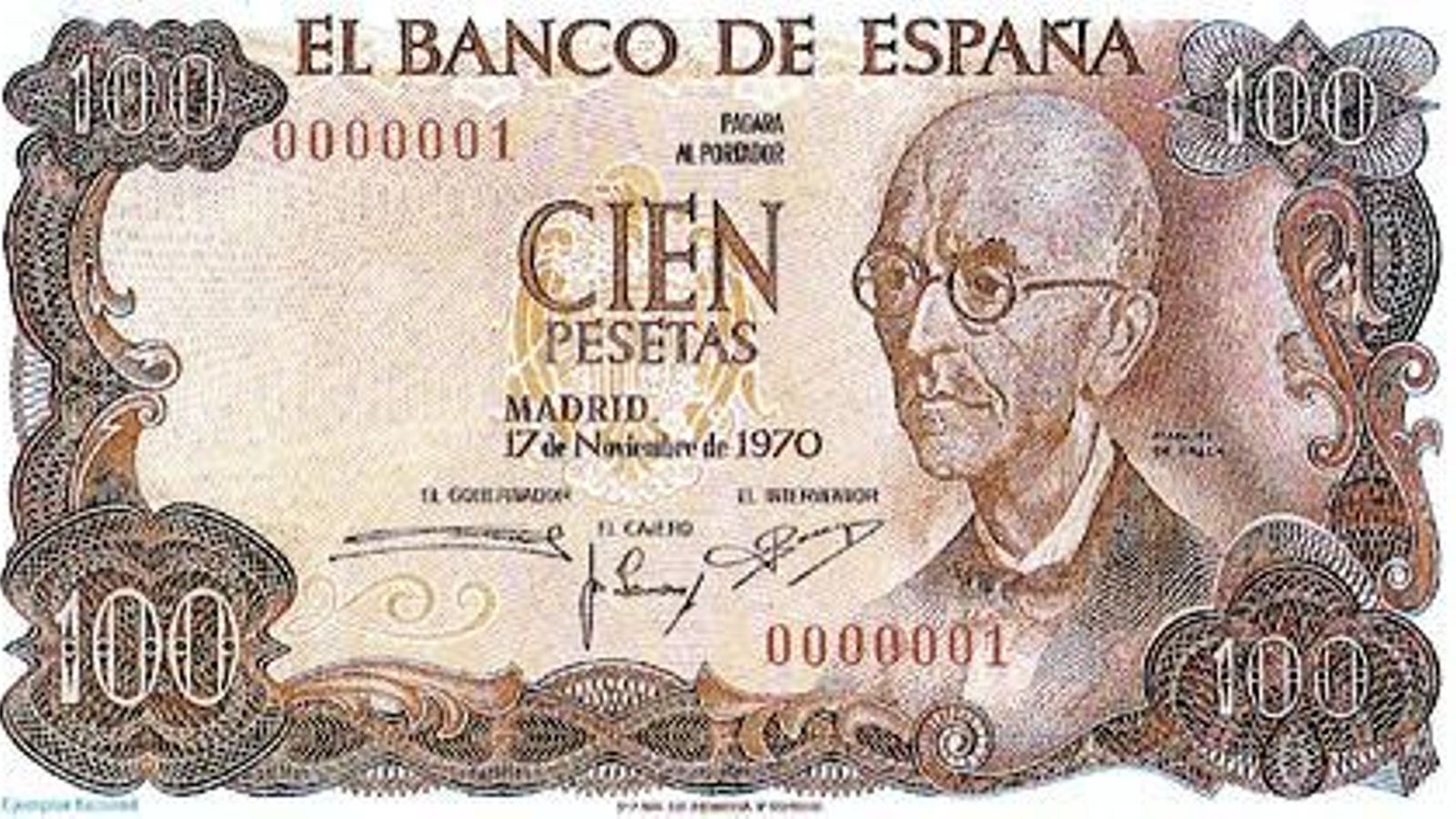 El billete de 100 pesetas con la imagen de Manuel de Falla, todo un clásico.