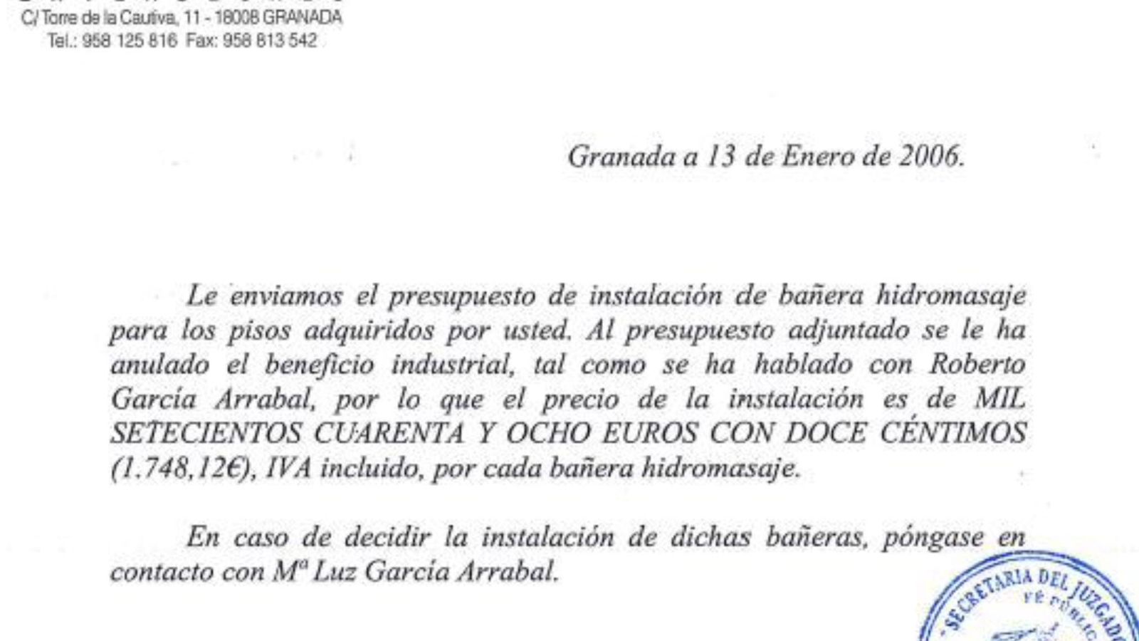 Documento extraído de la investigación sobre el presupuesto de las bañeras.