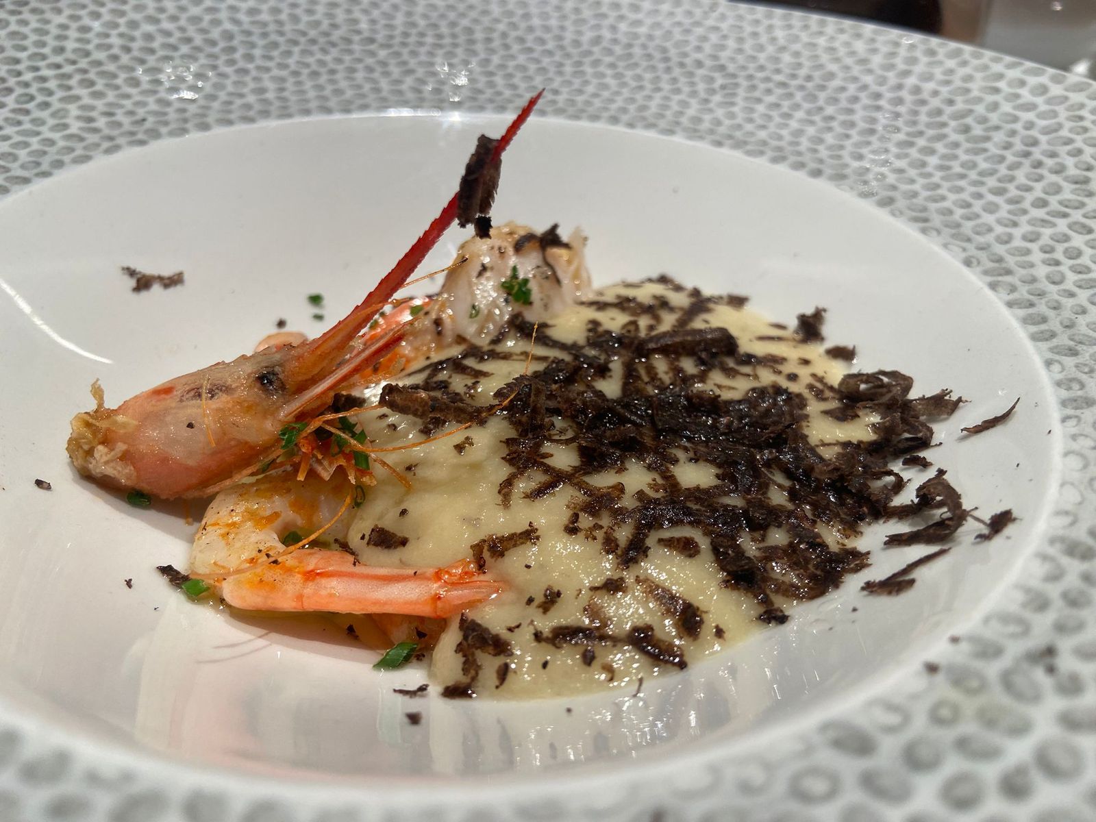 Plato vieira a la parrilla con crema de almendras trufadas y quisquillas.