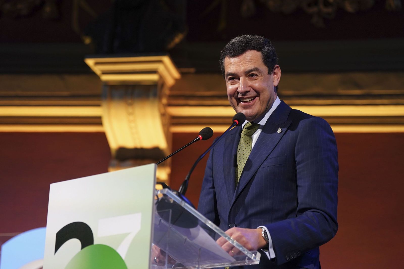 El presidente andaluz, Juanma Moreno, en la presentación de la Fundación Andalucía 27 en Madrid.