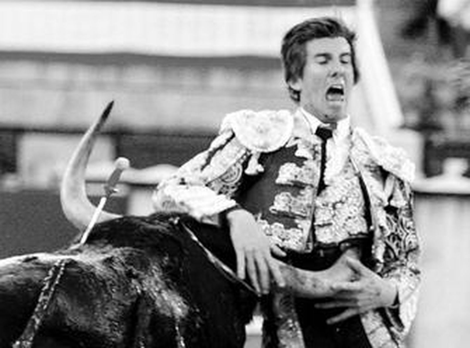 Instante angustioso en el que el sexto toro infiere la cornada en el abdomen a Israel Lancho.