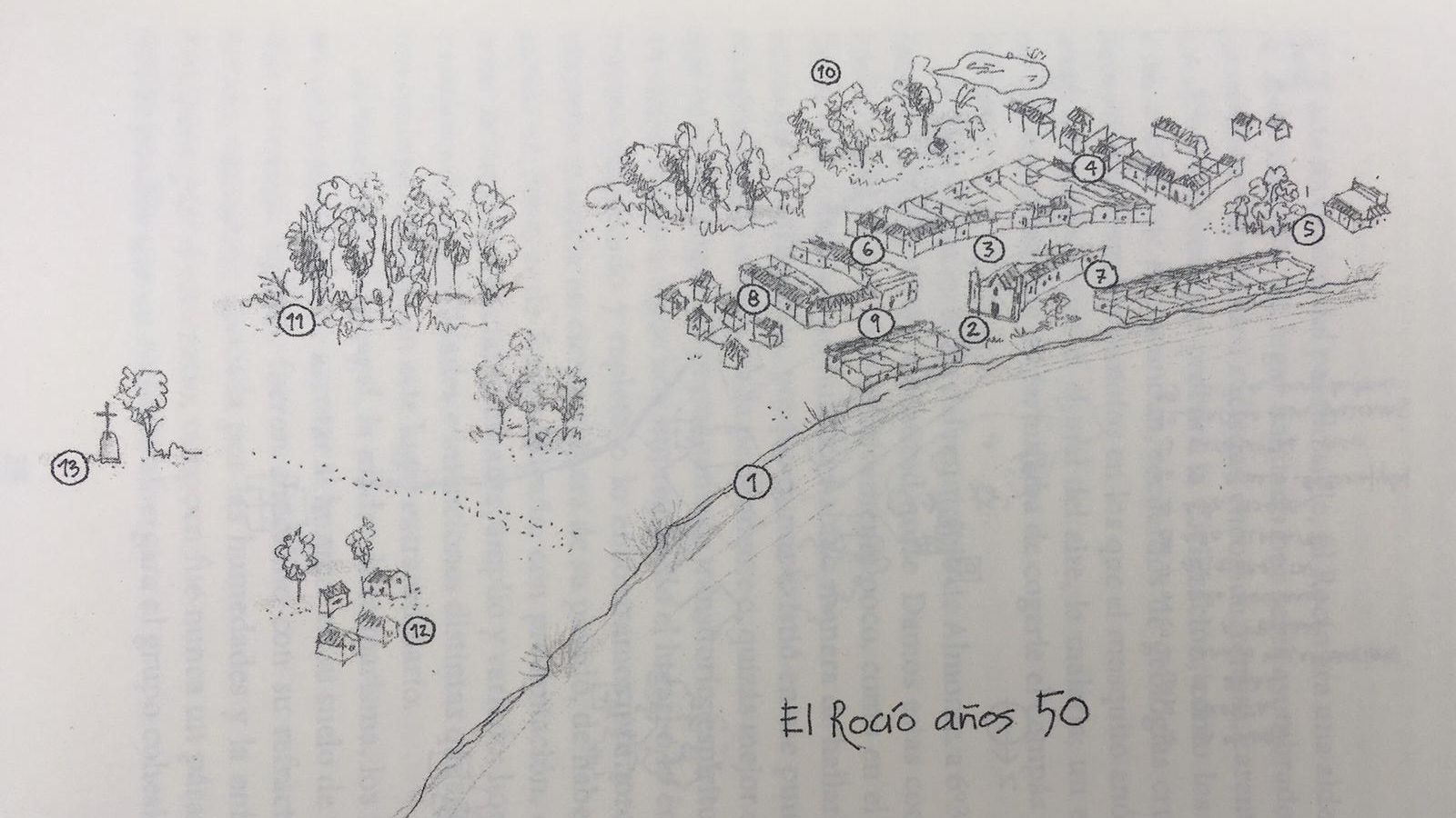 Croquis de la aldea en los años 50: (1) La Madre. (2) Ermita. (3) El Real. (4) Camino Villamanrique. (5) El Acebuchal. (6) Calle Rociana. (7) Calle Ermita. (8) Calle Almonte. (9) Calle Moguer. (10) El Llano. El Eucaliptal. (11) Eucaliptal Chico. (12) Barrio de las Gallinas. (13) Cruz de Juan Antonio.