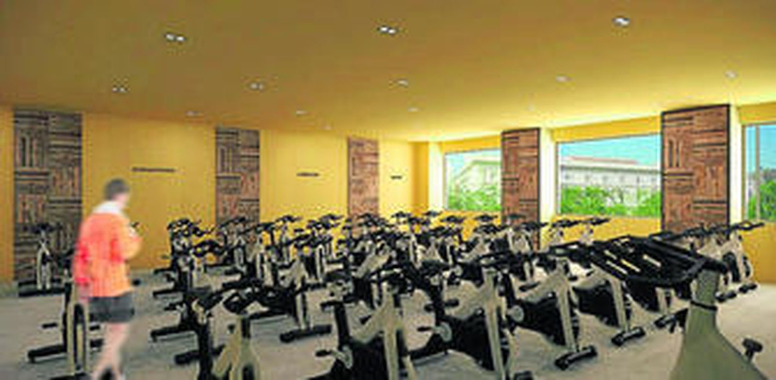 Una simulación de una futura sala de 'spinning', a través de cuya ventana se observa el edificio de la Diputación.