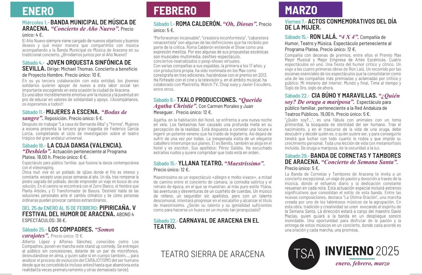 Programación de Invierno 2025 en el TSA