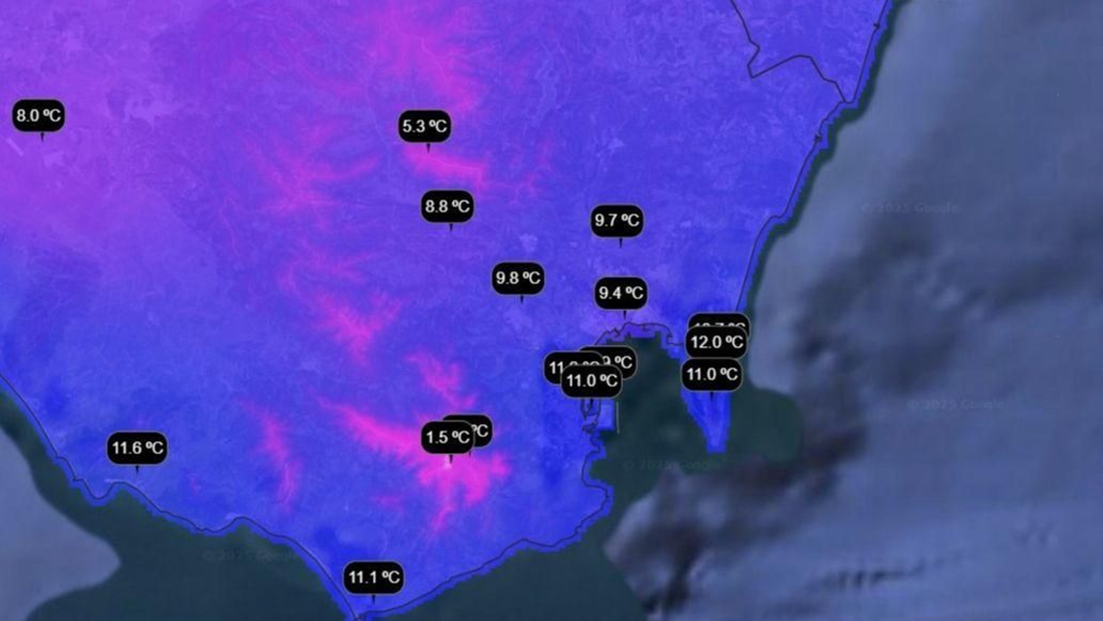 Temperaturas este miércoles a primera hora en el Campo de Gibraltar y alrededores.