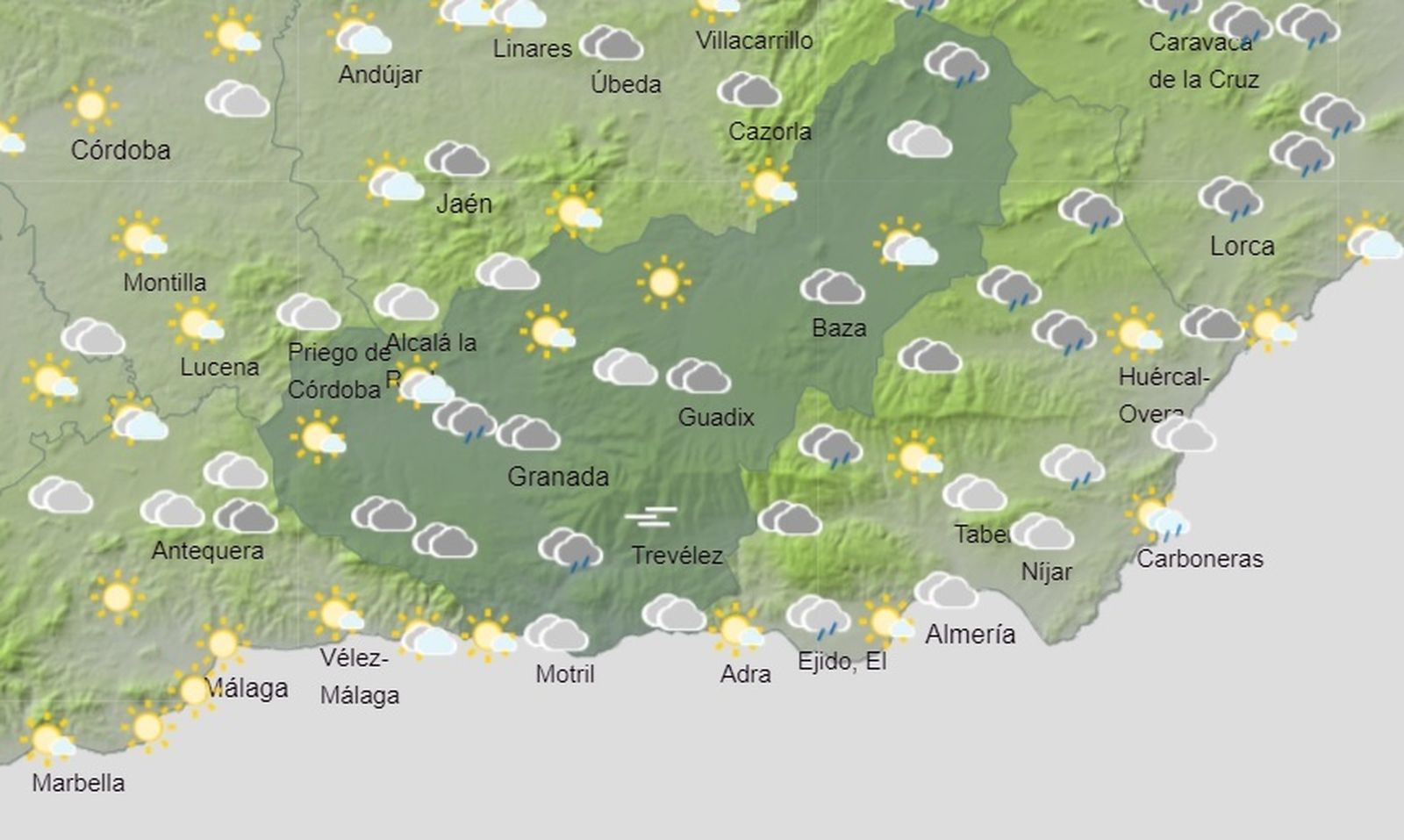 Mapa de previsión meteorológica para el sábado 19 de marzo en la provincia de Granada