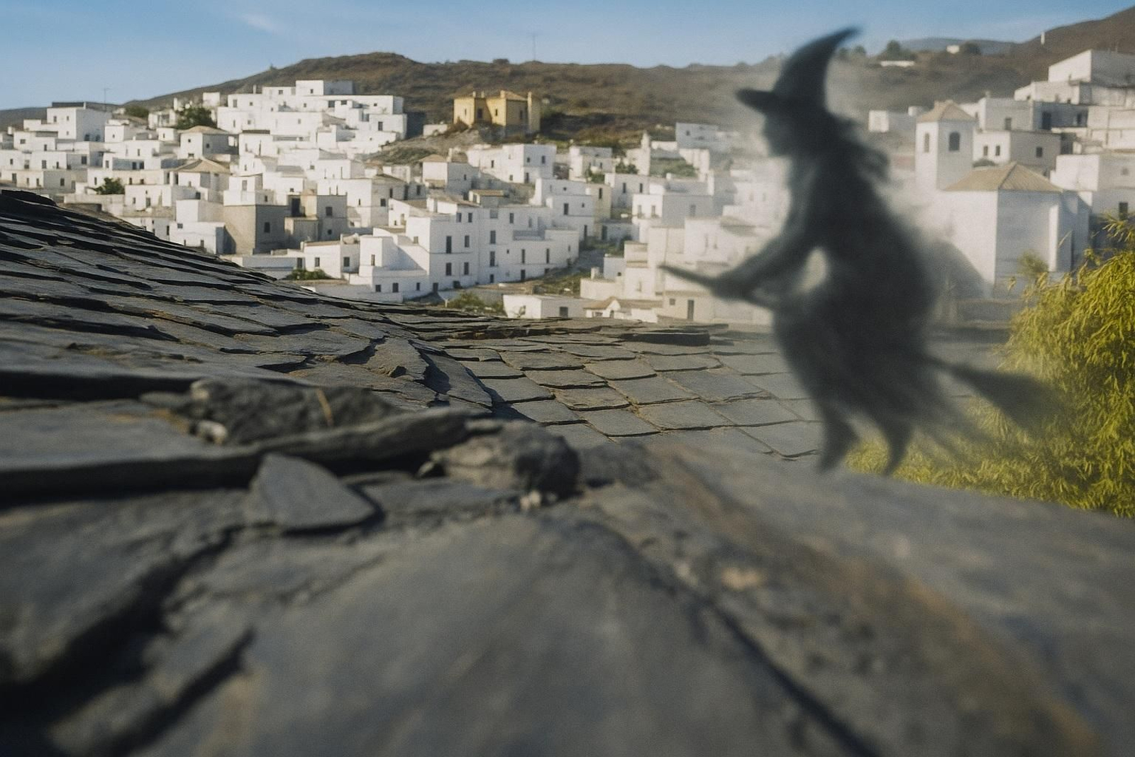 Montaje en el que una bruja surca Los Filabres de Almería.