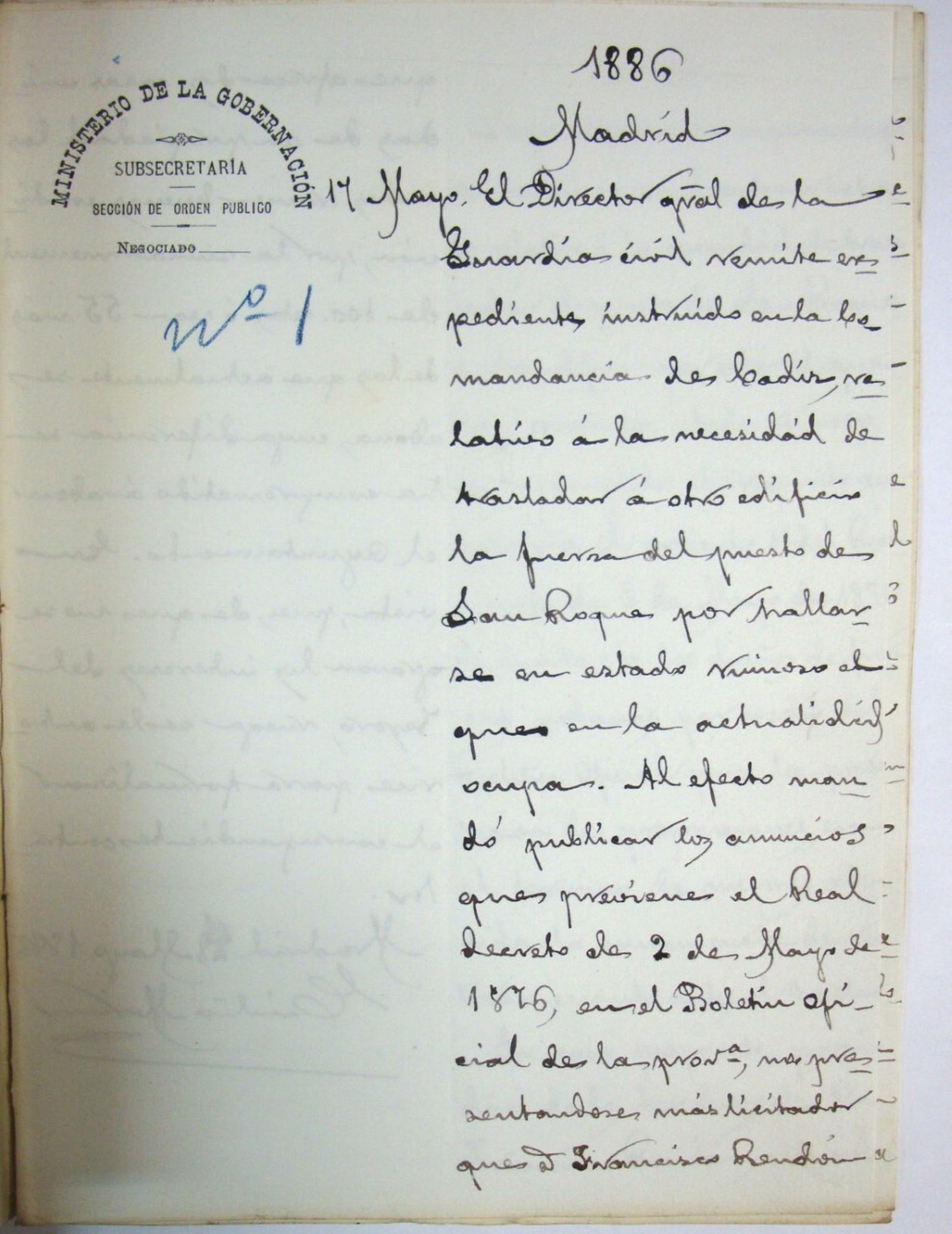 Informe favorable de la Sección de Orden Público para casa-cuartel en San Roque (1886).