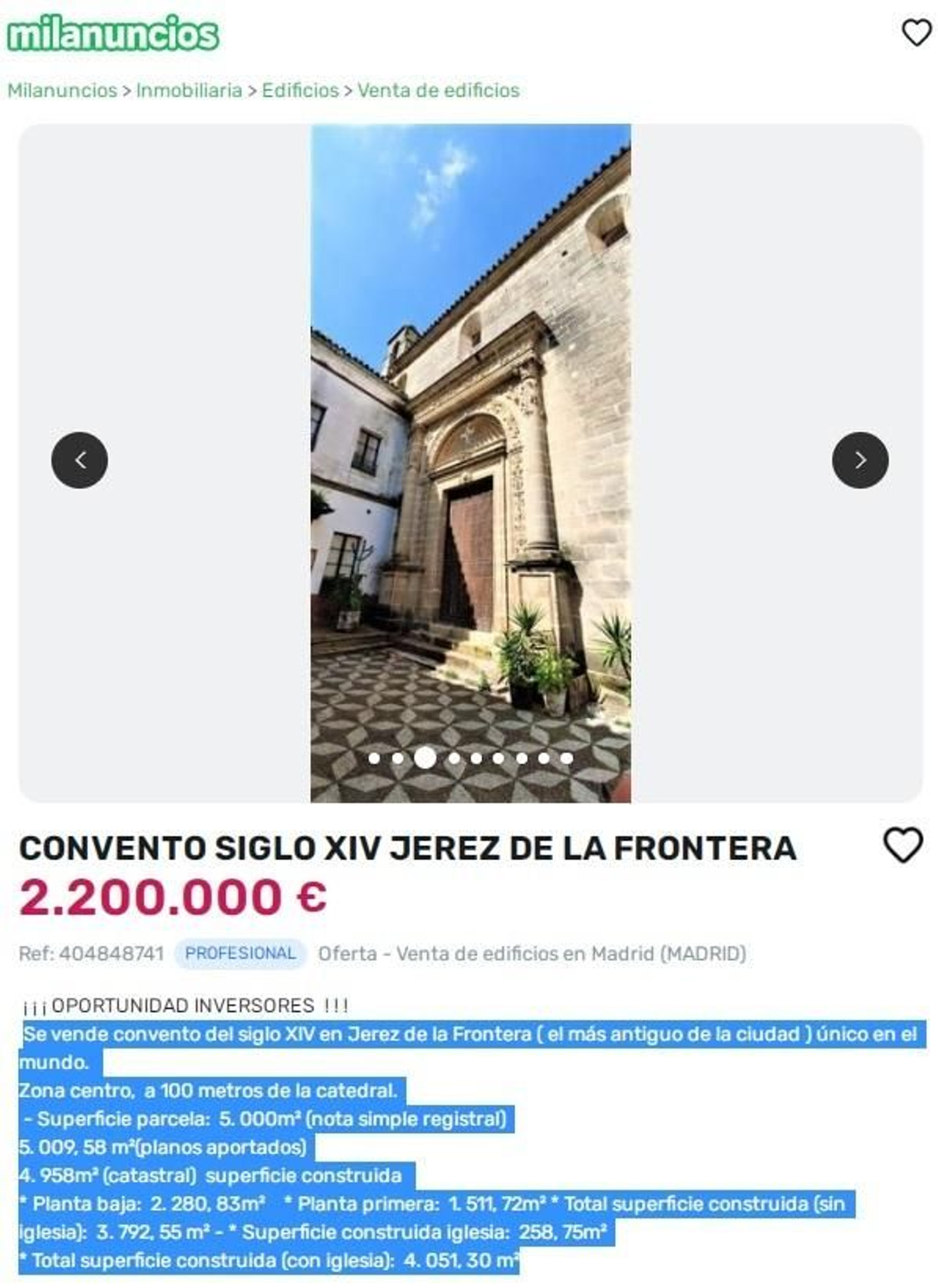 Anuncio de la venta del convento publicado en un conocido portal.