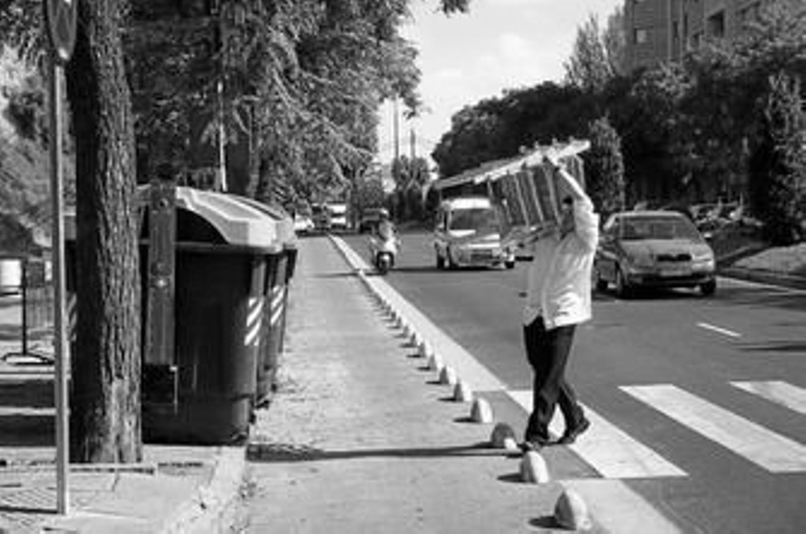 1. Paso de peatones sin rampa para minusválidos y acera ocupada por contenedores 2. Ciclista esquivando un contenedor de basura en Pablo Rada. 3. Trazado indefinido en la plaza de la Glorieta, si bien sigue por avenida Molino de la Vega. 4. Rubén Darío se convierte en un 'Tourmalet' para los más avezados. 5. Ciclista en un enlace semafórico de la rotonda del Papa. 6. El carril-bici discurre por Pablo Rada entre contenedores -provisionalmente- y filas de coches aparcados.