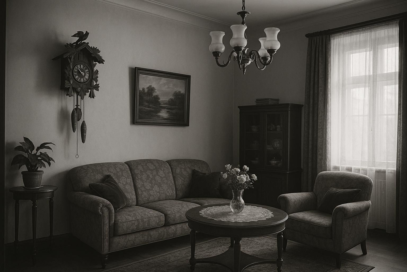 Un reloj de cuco preside un salón en una vivienda de época.