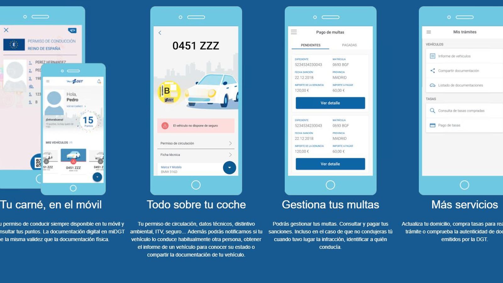 Apartados dentro de la app miDGT