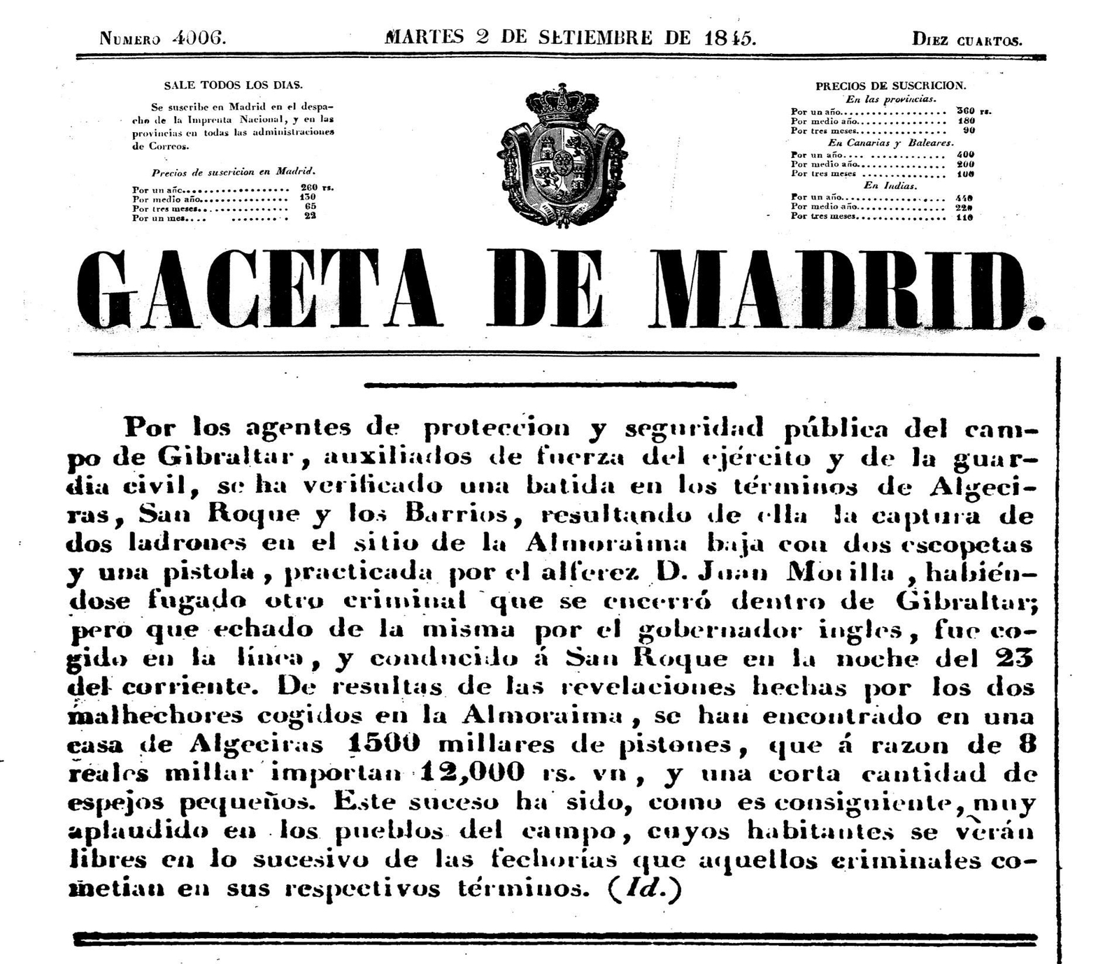 Reseña publicada en la Gaceta de Madrid el 2 de septiembre de 1845, de una aprehensión de la&nbsp;Guardia Civil en Algeciras.