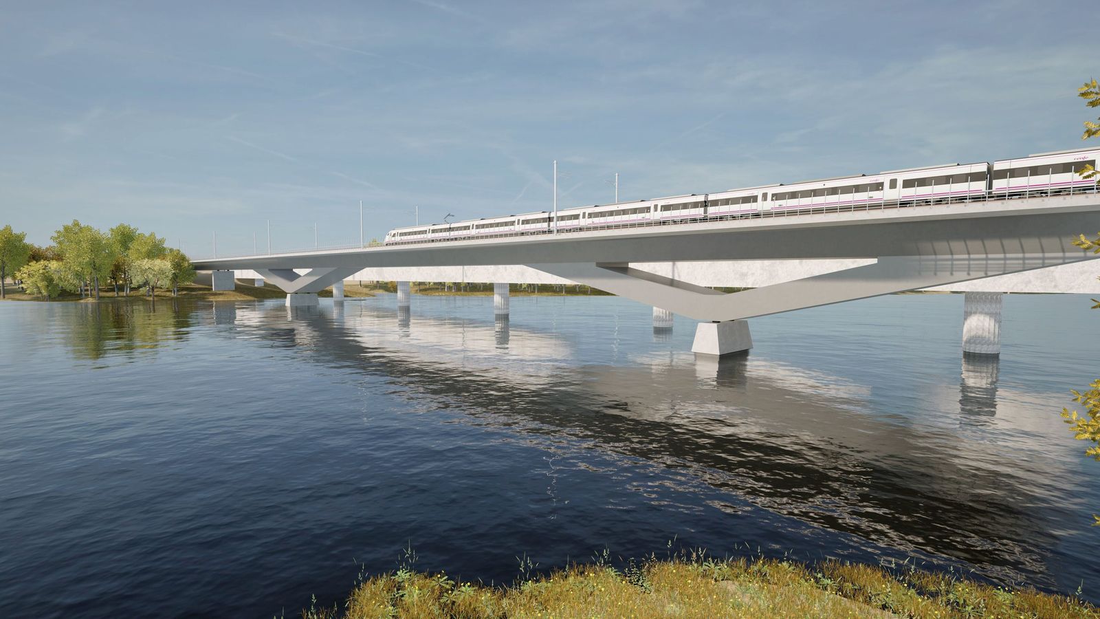 Recreación de un viaducto para la línea de alta velocidad difundido por Ayesa Ingeniería tras su adjudicación de la redacción del tramo 1 de la línea Sevilla-Huelva.