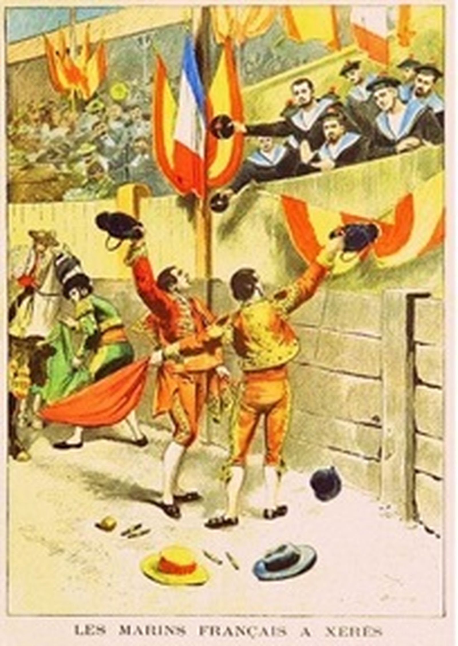Dibujo de los marinos franceses en la plaza de toros de Jerez.
