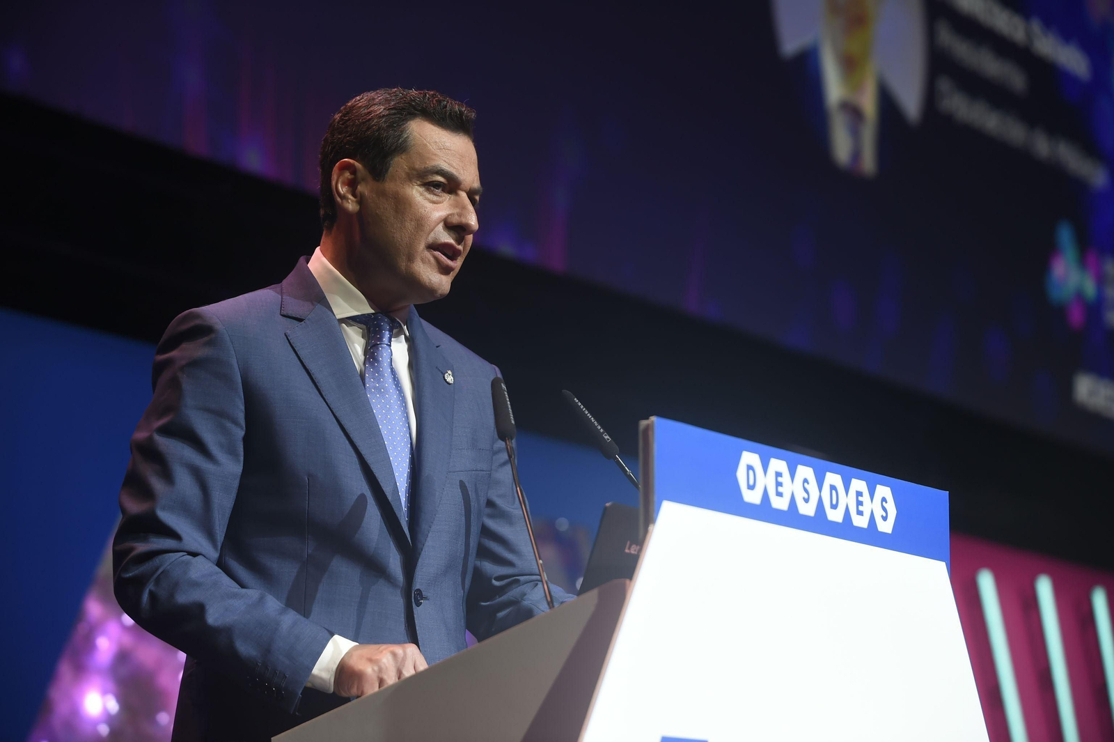 El presidente de la Junta, Juanma Moreno, en su intervención este martes en Málaga en el DES 2023.