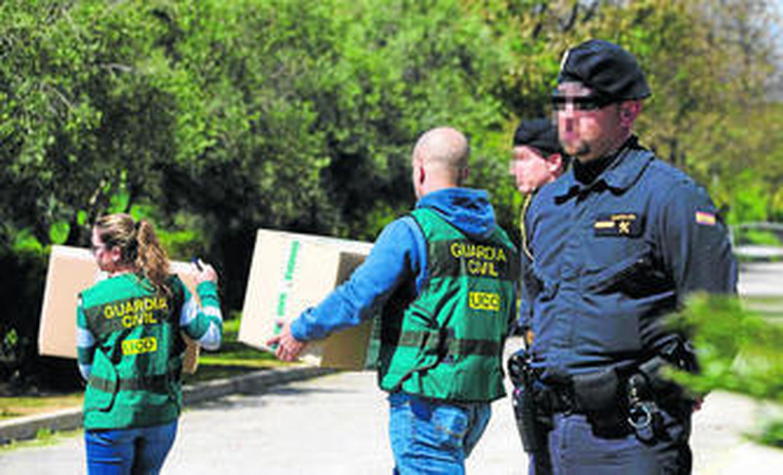 Agentes de la UCO de la Guardia Civil retiran documentación de uno de los consorcios de formación investigados en Málaga.