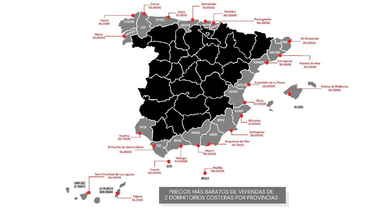 Mapa con las inmuebles más baratos localizados en la costa